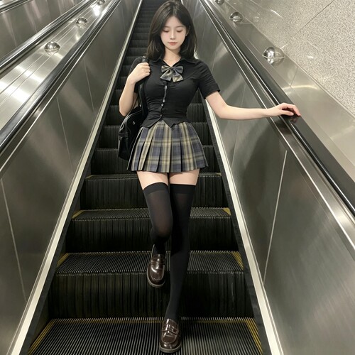 狗短36CM格裙JK制服日系学院风收腰衬衫高腰半身裙百褶裙套装女夏