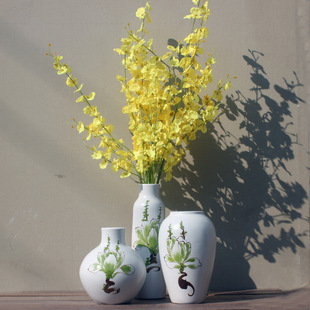 现代简约田园纯手绘陶瓷花瓶三件套样板间家居饰品装 饰瓷瓶摆件