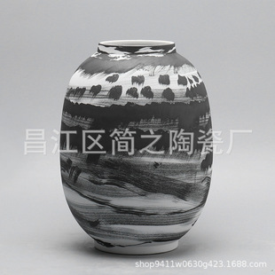 现代黑白陶瓷花瓶摆件中式 古典客厅家居饰品台面花器插花艺术摆设