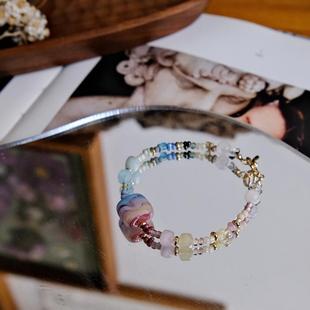 奶油方糖|花植手作原创设计款 中古小众甜美古董珠耳夹手链