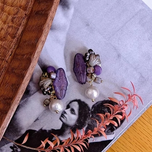 紫烟花影|花植手作 复古原创设计捷克蚀刻珠棉花珍珠耳钉耳夹