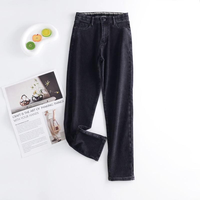 秋冬高腰修身显瘦加厚罗卜裤高弹力女裤黑灰色加绒保暖小脚牛仔裤