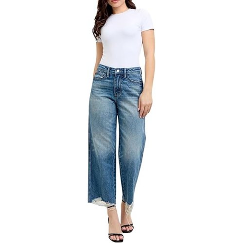 春秋高腰弹力磨白阔腿微喇牛仔裤