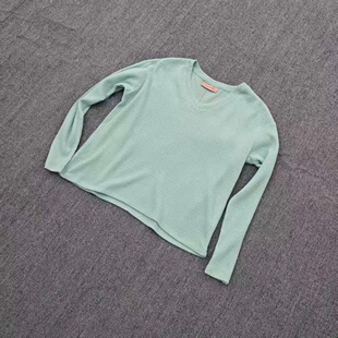 出口日单V领春秋人造丝透气T恤宽松套头华夫格长袖 上 打底外穿女衫