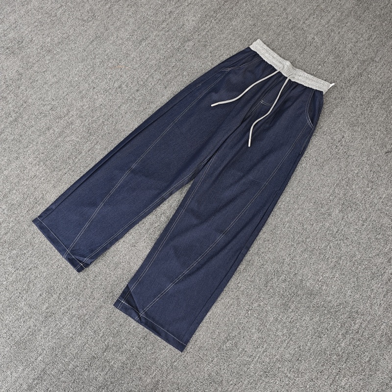 拼色松紧腰高腰哈伦牛仔香蕉裤