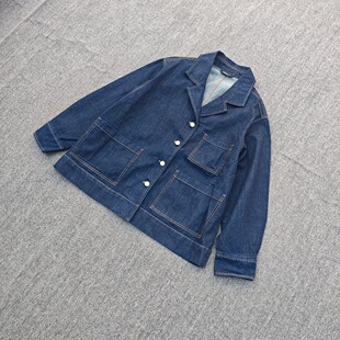 国内单早春翻领宽松牛仔外套休闲西装 女外衣 减龄夹克深色上衣大码