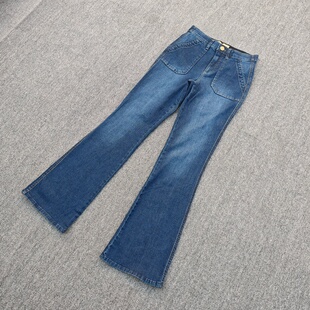 喇叭女裤 提臀显瘦大码 高腰弹力磨白明口袋微喇牛仔裤 欧美De春秋款