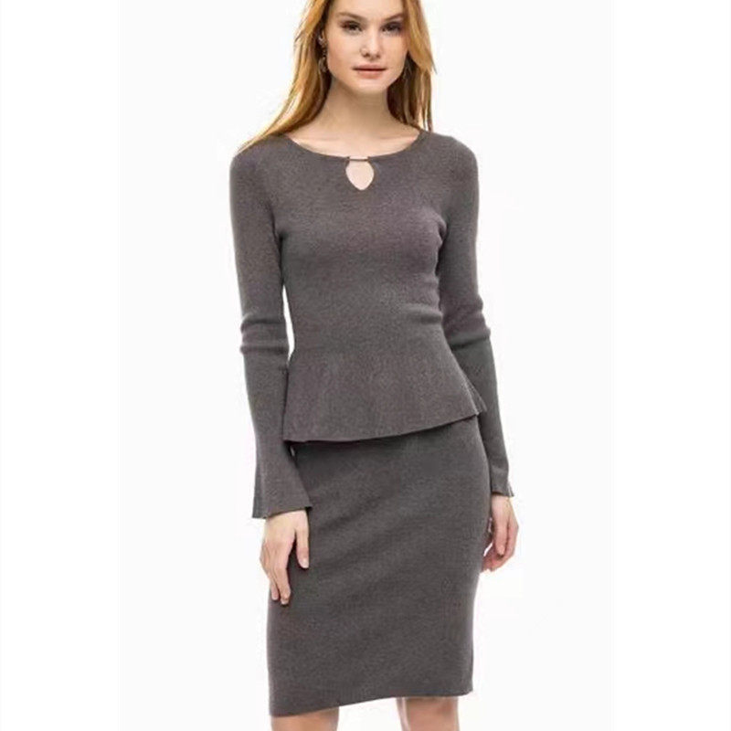 出口德国春秋棉混纺针织连衣裙职业裙修身显瘦大码喇叭袖一体女裙