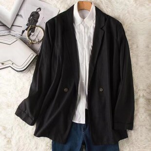 出口单春夏新品冰丝亚麻料西装外套棉麻单扣宽松休闲西服小西装女