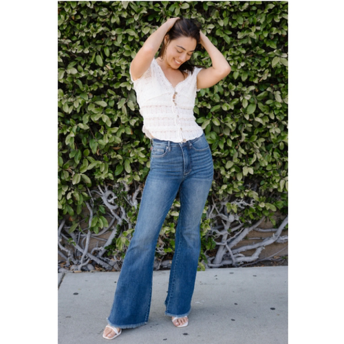 欧美JB家高腰弹力喇叭裤牛仔裤