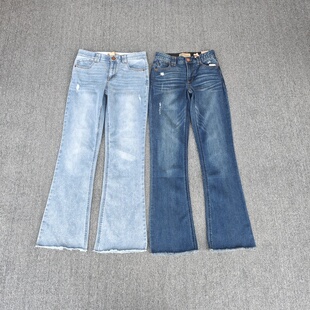 毛边女裤 弹力猫须纹口袋磨破水洗微喇提臀大码 牛仔裤 欧美春秋款