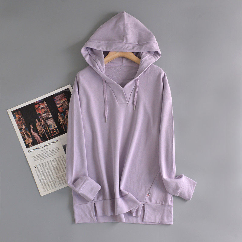 日单秋新品交叉V领连帽卫衣毛圈棉显瘦百搭套头外套纯棉长袖帽衫