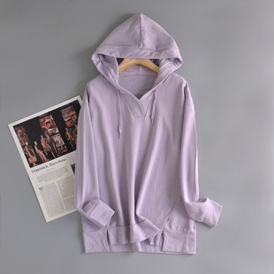 日单秋新品交叉V领连帽卫衣毛圈棉显瘦百搭套头外套纯棉长袖帽衫