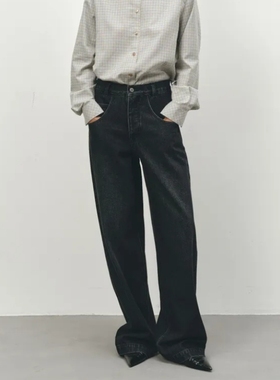 欧美秋冬ANN厚款高腰棉质仔裤显瘦简约厚实宽松直筒裤