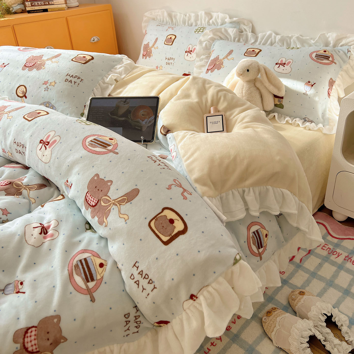 韩版花边INS卡通牛奶绒床上四件套小清新猫咪保暖被套床单三件套