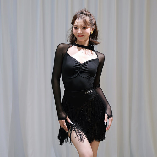 歌瑞亚女成人拉丁表演服网纱长袖