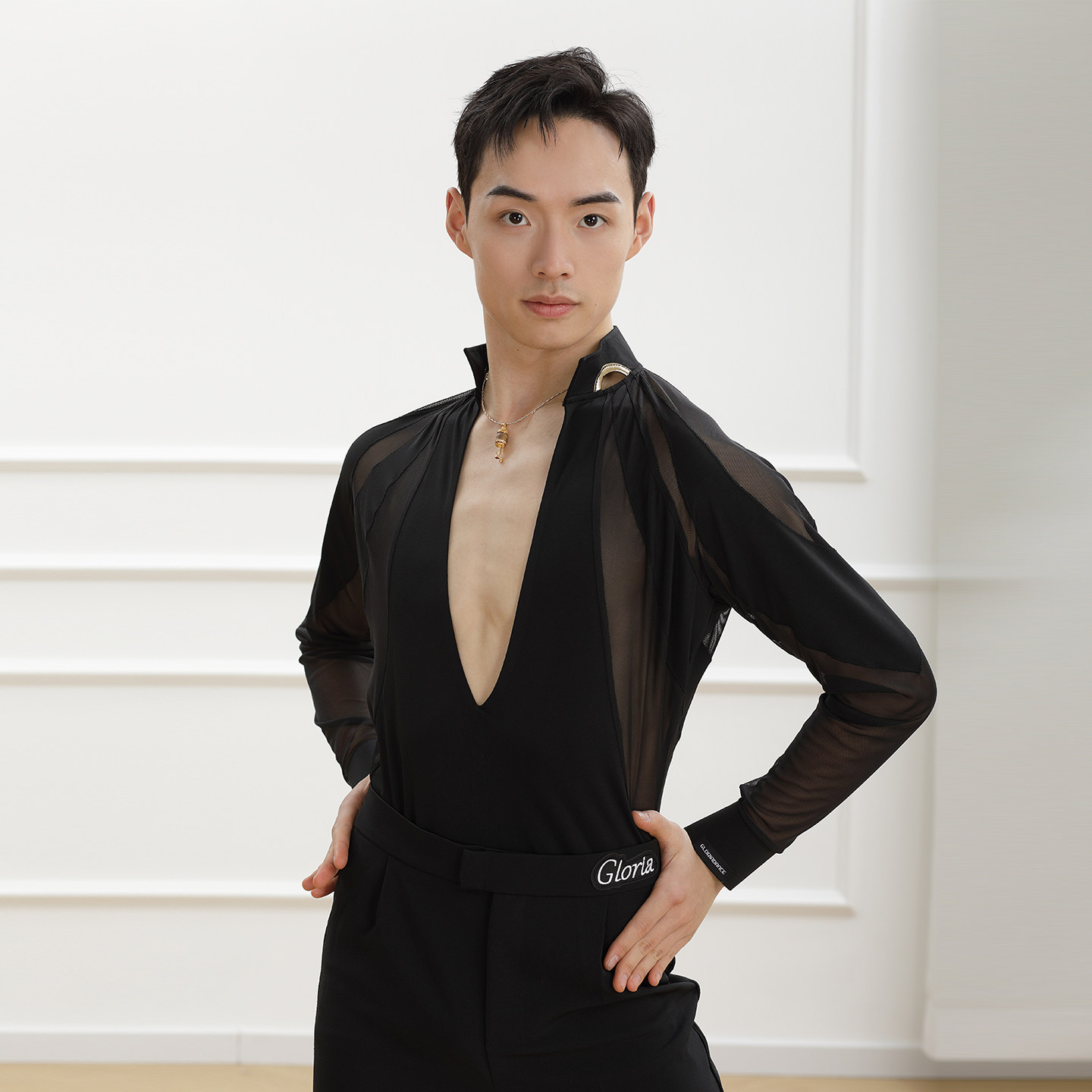 歌瑞亚拉丁舞男成人秋新立领大V网纱长袖训练表演出服CR561