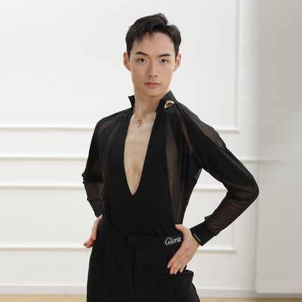 歌瑞亚拉丁舞男成人秋新立领大V网纱长袖训练表演出服CR561