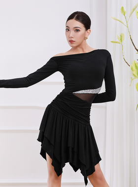 歌瑞亚拉丁舞服女成人斜肩长袖碎钻网纱连体长裙训练习功表演出服