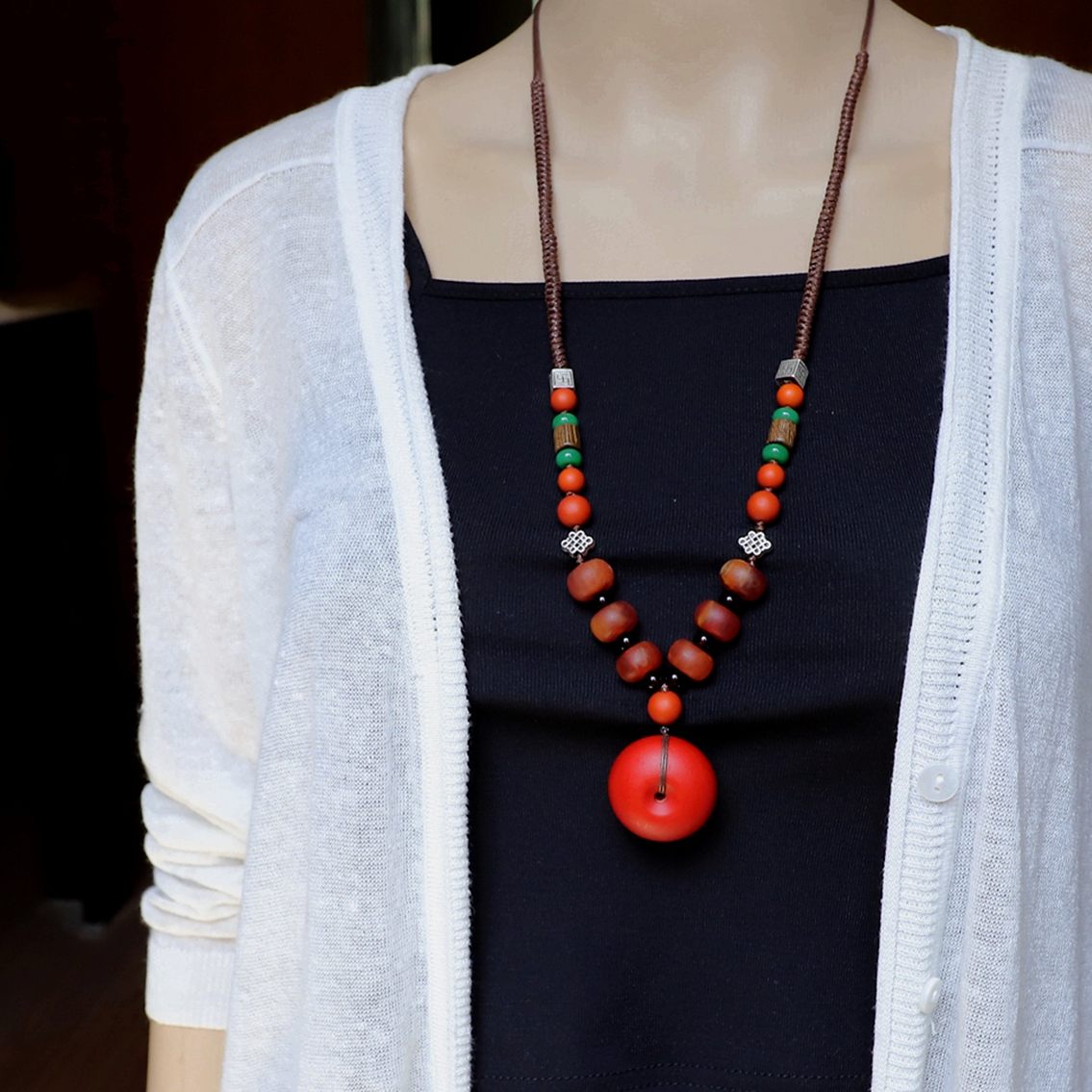 古风仿蜜蜡项链新中式民族风平安扣毛衣链挂饰长款大气百搭配饰