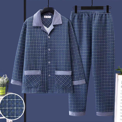 加大码男士秋冬睡衣加厚夹层棉中年爸爸保暖秋季空气棉家居服套装