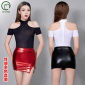 冰丝爽滑紧身透视露肩短袖 连体衣混搭皮尤漆皮开叉包臀小短裙女