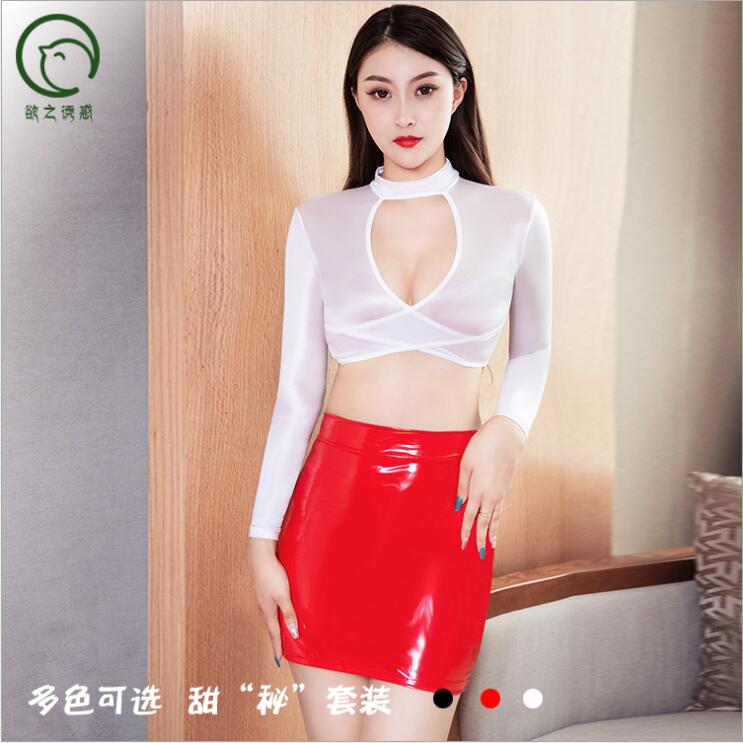 欲之诱惑漆皮皮尤高弹油亮镂空超短裙职业女性装长袖紧身上衣T裤