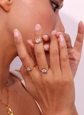 欧美时尚轻奢设计镶钻单钻钛钢镀金戒指女优雅时尚气质个性指环