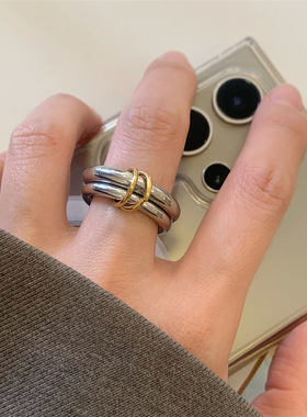 欧美个性时尚双环连接戒指女欧美ins复古时尚个性钛钢镀18k金指环