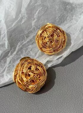 欧美ins金色毛线球圆形耳钉女小众设计高级感耳环独特气质复古