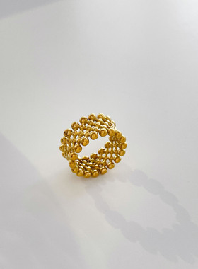 欧美宽版时尚个性INS风圆珠戒指钛钢镀18K金百搭指环新款简约复古