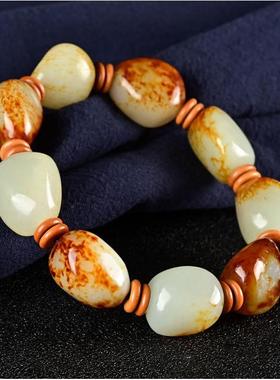 本命年新疆和田玉籽料原石手链枣红皮红泌皮玉石手串男女款礼物