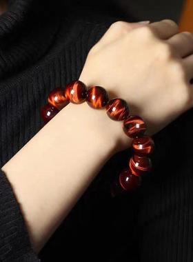 本命年巴西黄虎睛石手链蓝猫眼玉串男女红虎眼石三彩木化石手串礼