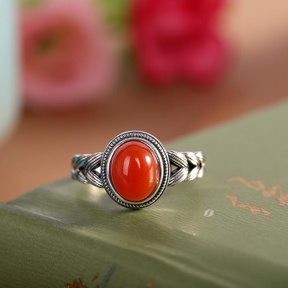 本命年925纯银镶嵌南红玛瑙蛋面麦穗戒指时尚个性百搭开口指环礼