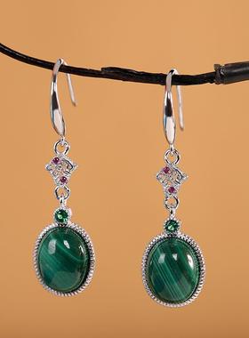 本命年925纯银镶嵌蛋面孔雀石耳坠时尚女款百搭个性耳饰礼物