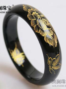 本命年新疆和田玉青玉描凤凰吉祥手镯玉石圆条扁条鎏玉镯子礼物