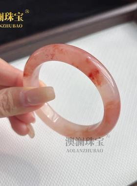 本命年桃花酿手镯新疆丝玉圆条手镯桃花酿冰透西柚色玉石正圈手镯