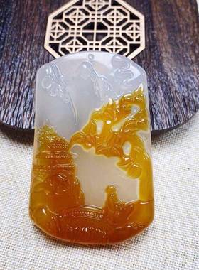 本命年高冰俏色玉髓山水牌吊坠玛瑙男女款玉石牌子礼物