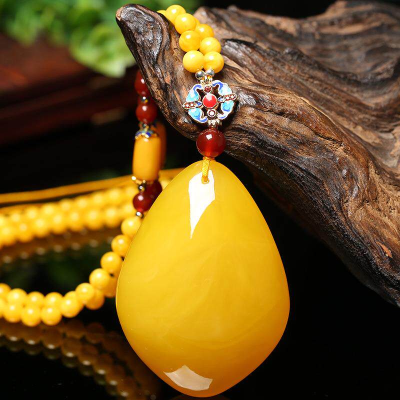 本命年老蜜蜡吊坠女款毛衣链琥珀项链鸡油黄水滴吊坠男款挂绳礼物