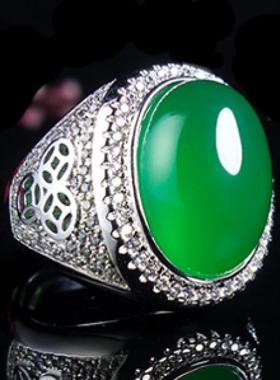 本命年冰绿玉髓男戒指925银镶绿宝石祖母绿色玉指环玛瑙活口男士