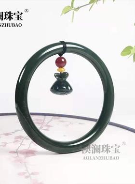 本命年新疆和田玉青玉美人条手镯细条粗条手镯莲蓬坠子玉镯礼物