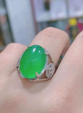本命年绿玉髓925银镶嵌男士戒指男款帝王绿玛瑙宝石活口玉石戒指