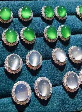 本命年冰种帝王绿玉髓耳钉女款925银镶嵌白冰耳钉翡翠色玉石耳钉