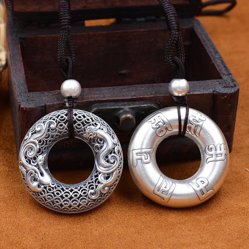 本命年龙凤呈祥六字真言女999纯银古法足银平安扣毛衣长项链长款