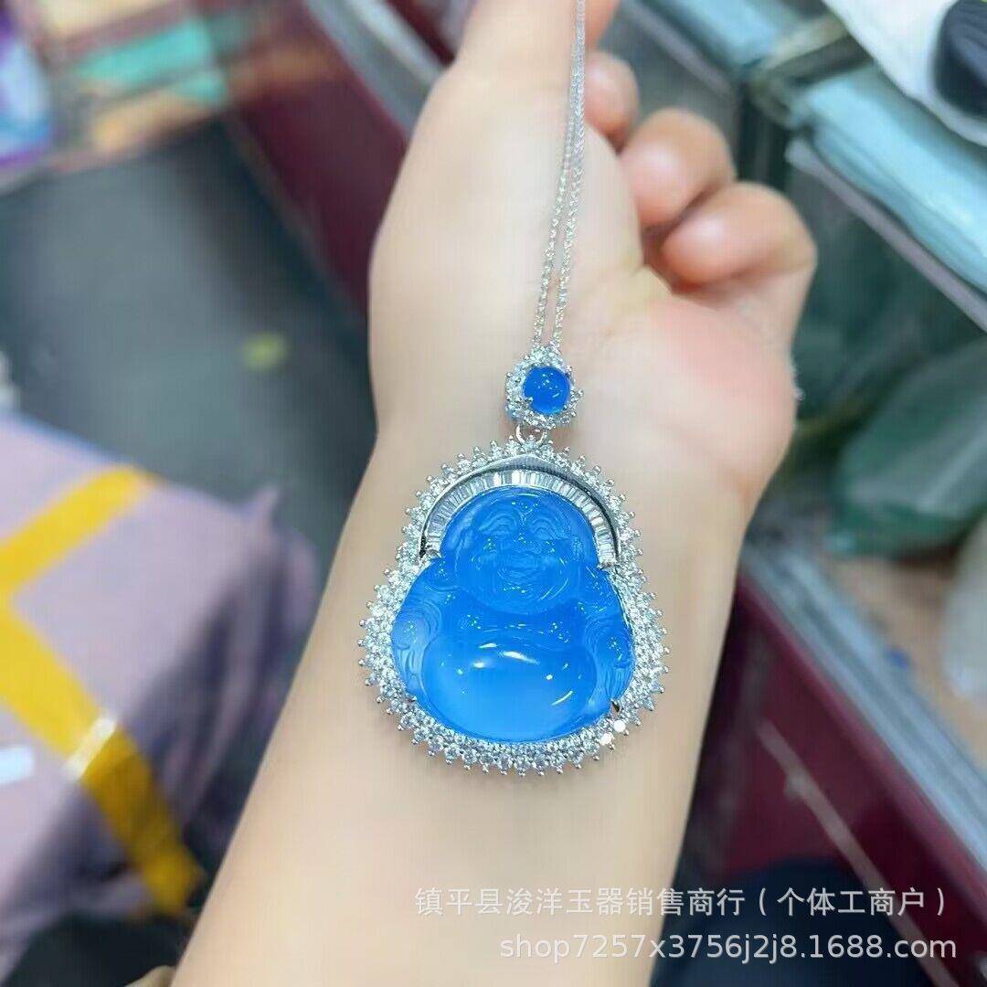 本命年银镶嵌蓝玉髓佛公吊坠海蓝之谜玛瑙玉石弥勒佛挂件礼物