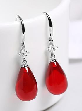 本命年琥珀蜜蜡耳环银耳坠女银饰耳钩红色潮耳饰水滴礼物