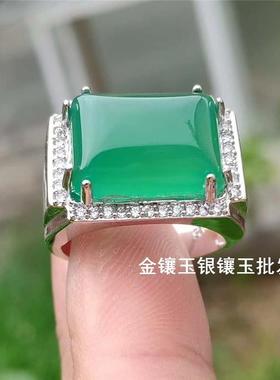 本命年男款玉髓戒指925银镶嵌翡翠阳绿色玛瑙玉指环宝石扳指男士