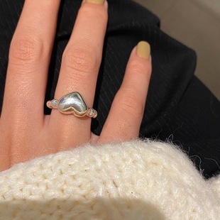 本命年S925质感简约ins冷淡风光面立体爱心戒指时尚 气质百搭素圈