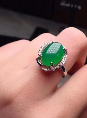本命年玉戒指女925银镶时尚祖母翠绿冰种通透玛瑙玉髓戒指简约开