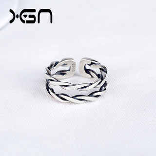 韩版s925纯银复古双层麻花泰银戒指时尚个性镂空麻绳链条开口戒指